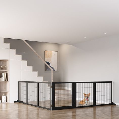 Cancelletto per cani pieghevole PawHut, 432 x 36 x 70 cm, in legno di pino, nero.