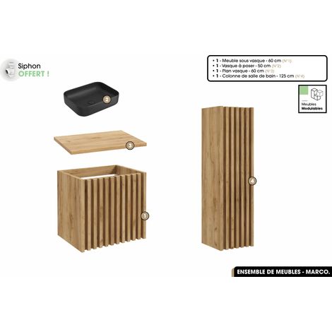 Ensemble complet de salle de bain - Meuble - Colonne - Vasque à poser avec Siphon OFFERT MARCO Oak 60 x 56 x 45 cm (1/5)