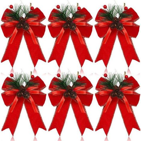 nœuds pour sapin de Noël - Nœuds de Noël - Nœuds en ruban de velours rouge - Nœuds en ruban de pomme de pin - Décorations de (1/5)