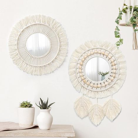 Lot de 2 miroirs décoratifs muraux en macramé avec feuilles tissées, style bohème, ronds, pour chambre, salon, chambre d'enfant, décoration intérieure (Style-08) (1/5)