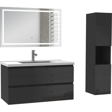 Ocean Ensemble de Meuble de salle de Bain 99cm Noir Haut Brillant avec Miroir LED, colonne 131.5 cm
