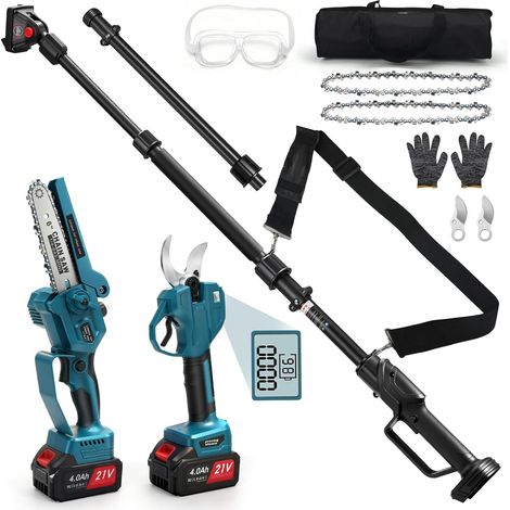 Mini tronçonneuse télescopique sans fil 4 en 1 avec 2 batteries 4 Ah, sécateur électrique de 55 mm, scie à élaguer, portée maximale jusqu'à 4,1 m, moteur sans balais pour Makita 18 V (1/5)