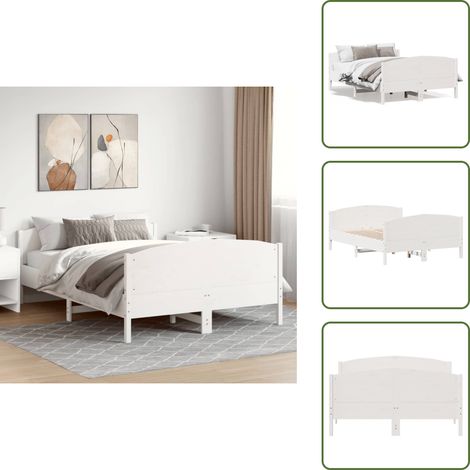 The Living Store Cadre de lit sans matelas blanc 135x190 cm bois de pin massif - Cadre De Lit - Lit Double - Lit En Bois - Bois De Pin - Tête De Lit