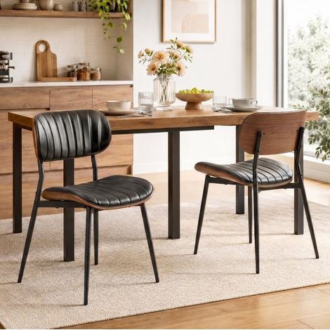 Lot de 2 chaises de salle à manger en cuir régénéré noir, dossier ergonomique incurvé, assise rembourrée, pieds en métal, 49,5 x 49,5 x 80 cm, pour cuisine et salon – CHICFURN (1/5)