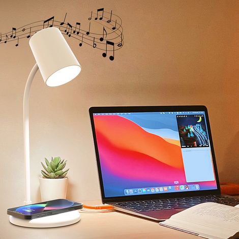 Lampe de Bureau LED 3-en-1 avec Chargeur Sans Fil 15W et Haut-Parleur Bluetooth Intégré – Lampe Tactile à Intensité Variable, Port USB-C, Design Moderne pour Bureau et Chambre (1/3)
