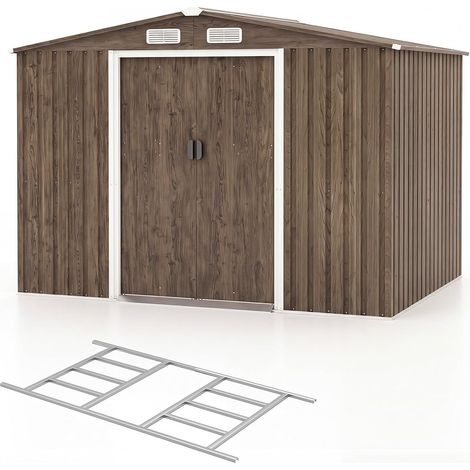 Abri de Jardin 4,47m² en Acier Galvanisé Anti-UV, 259 x 196 x 184 CM, avec Fondation et Porte Coulissante, 4 Trous d’Aération, 4 Gants Inclus, Marron (1/5)