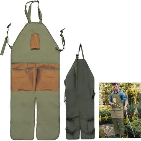 Delantal de jardinería, Delantal con perneras ajustables, Tejido Oxford impermeable, Con 6 bolsillos, Para trabajos de jardinería, Marrón (1/5)