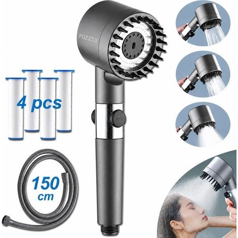 Pommeau de douche avec 4 Filtre, Tuyau de douche 150 cm - Haute Pression Douchette Économique douche salle de bain Anti Calcaire (1/5)