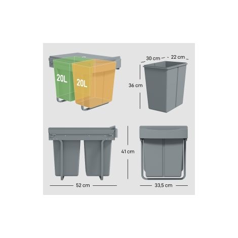 Poubelle coulissante grise 2 x 20 L en plastique et métal avec bacs amovibles pour cuisine et salle de bain (1/5)
