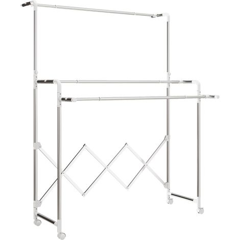 Tendedero plegable de torre de acero inoxidable con 3 barras regulables y ruedas (1/5)