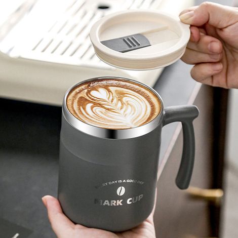Edelstahlbecher mit Strohhalm und Deckel, ideal für Büro und Zuhause, für Kaffee, Frühstück oder romantische Stunden zu zweit. Grau. (1/5)
