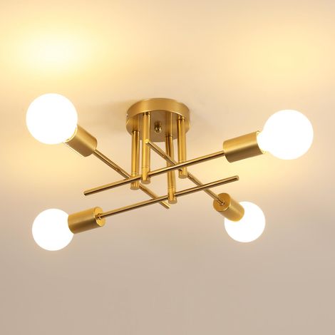 Lustre Plafonnier Industriel, 4 Lumières E27 Lampe de Plafond Doré (1/5)