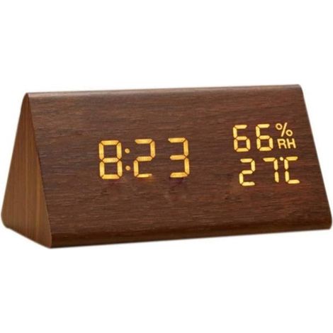 Reloj despertador de madera, reloj despertador digital LED de madera, reloj de escritorio digital de madera con visualización de hora y temperatura, control de sonido y brillo ajustable. (1/5)