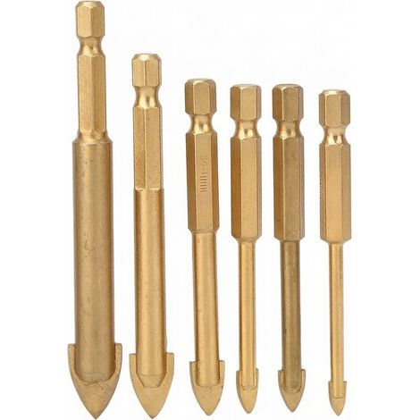 Dreikantbohrer aus Titan mit Sechskantschaft (6 Stück) für Glas und Keramik, Durchmesser: 4 mm / 5 mm / 6 mm / 8 mm / 10 mm / 12 mm (1/5)