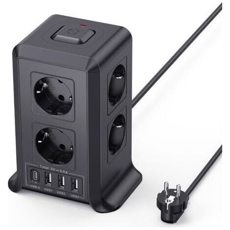 Multiprise avec Interrupteur, Tour Multiprise 8 Prises et 4 USB(3 USB-A&1 USB-C Max 5V/3.4A,Parafoudre et Surtension, 2M Câble à la Maison et au Bureau (1/5)