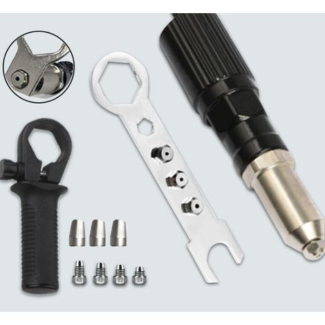 Pistolet à rivets électrique, riveteuse sans fil pour perceuse, outil de pose de rivets avec 3 embouts et clé multifonction (1/5)