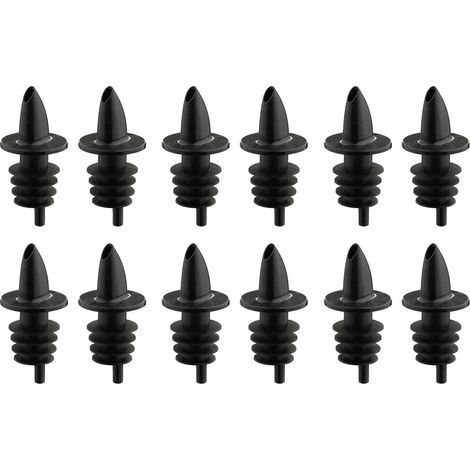 Set of 12 Spirit Pouring Spouts for Bottles, Dispenser with Air Tube, Plastic Cap, Jet-Pour, Black (1/4)