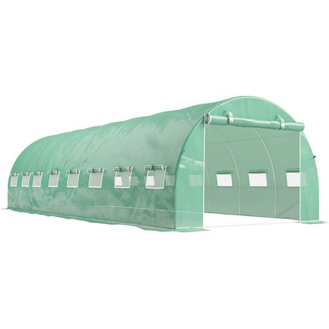 Serre tunnel de jardin 24m² 8L x 3l x 2H m - 16 ouvertures, porte zippée enroulable en acier galvanisé, bâche PE, Vert (1/5)