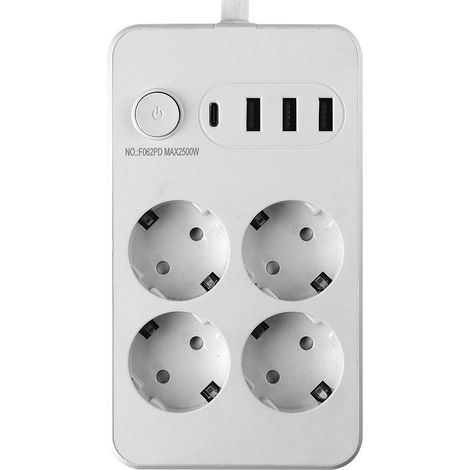 Multiprise 4 Prises Schuko + USB-C + 3 USB, Câble 2m, 2500W, Blanc (1/4)