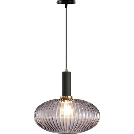 Suspension Moderne Verre Strié Douille E27, Luminaire Suspendu Cuisine Îlot, Salle à Manger, Chambre (Gris, 30cm)