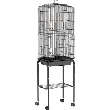 Cage à oiseaux sur pied avec volière roulante, toit ouvrant, 3 perchoirs, étagère inférieure, 46,5x36x157cm, noir (1/5)