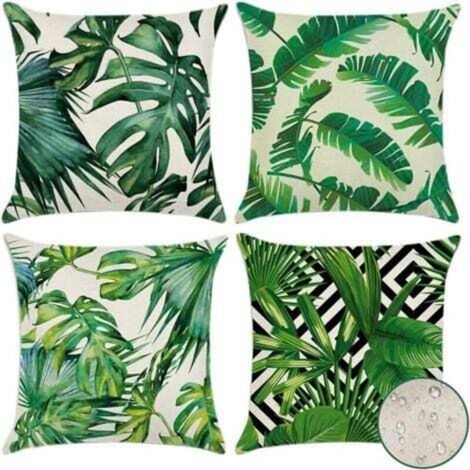 Housses de coussin d'extérieur imperméables 45x45 cm – Lot de 4 avec motif tropical vert pour jardin, terrasse ou salon (1/5)