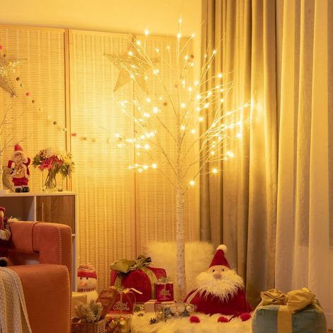 Costway – Arbre de Noël artificiel bouleau blanc lumineux 180 cm – 96 lumières LED – Base plastique – Décoration intérieure pour Noël (1/5)