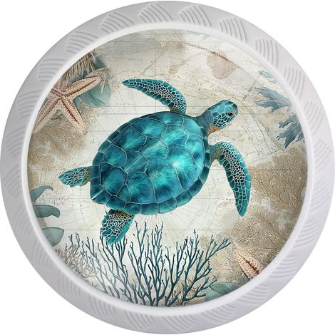 Lot de 4 boutons d'armoire turquoise tortue de mer pour cuisine salle de bain (1/5)