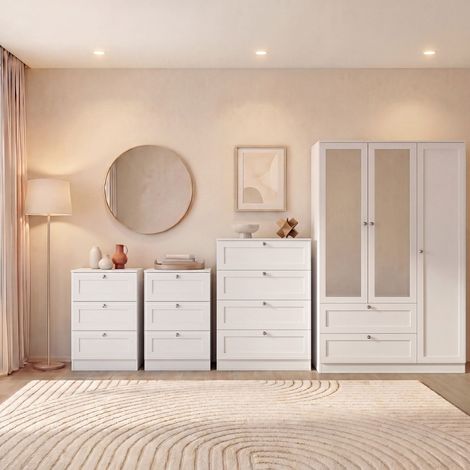 Altino 4 Piece Bedroom Set with 3 Drawer Bedside, Set of 2, 4 Drawer Chest, 3 Door 2 Drawer Wardrobe, White