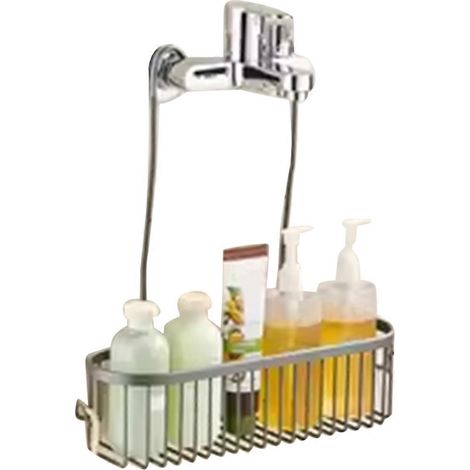 Panier de douche suspendu avec crochets et étagère de rangement, sans perçage, pour robinetterie ou barre transversale, gris (1/5)