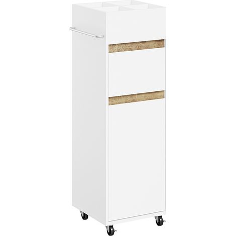 SoBuy Schmale Kommode in Weiß mit 1 Schublade Rollcontainer mit Tür und Kleiderstange Weißes Badezimmerregal aus Spanplatte 33×30×91 cm Tragkraft 50 kg BZR225-WN (1/5)