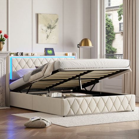 Structure de lit 160x200 cm - LED et USB/type-C - Velours Beige - lit ado 160x200 cm (1/5)
