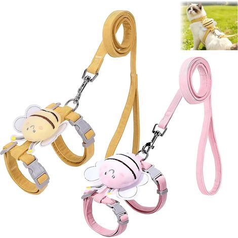 2 - Harnais Chat - Laisse Chat - Gilet Respirant Réglable Anti-Fuite Pour Promenade Et Entraînement Jaune Et Rose 120cm (1/5)