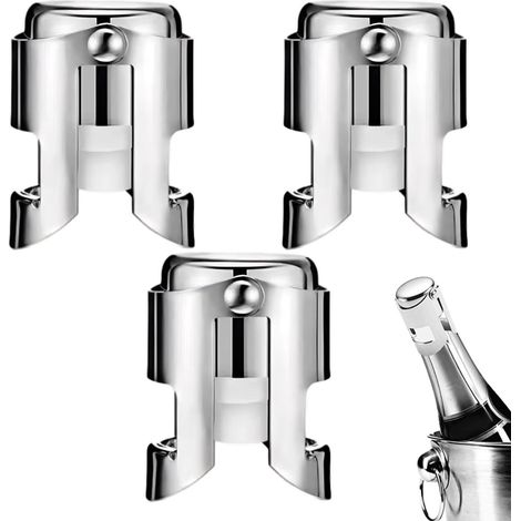 Lot de 3 bouchons à champagne en acier inoxydable avec silicone de qualité alimentaire anti-fuite pour garder la fraîcheur,Convient pour le champagne, le prosecco et le brillant,Argenté