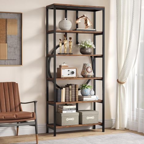 Bibliothèque Industrielle - Bibliothèque 180cm - 6 étagères, 5 Ouvertures - Marron foncé - Marron Rustique et Noir (1/5)