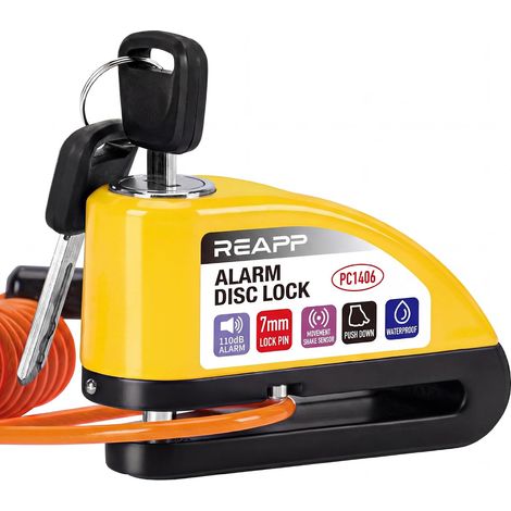Antivol Moto Renforcé, Bloque Disque Alarme 110dB Bloc Haute Sécurité, Étanche, Piles de rechange, Câble de Rappel 1,5m et Sac, Compatible Moto/Vélo/Scooter avec Frein à Disque (1/5)