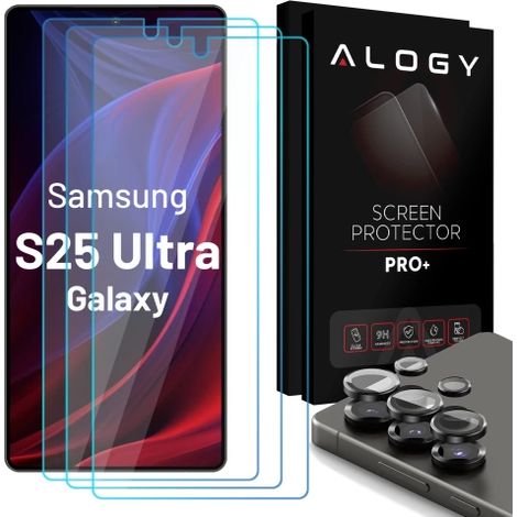 3 protectores de pantalla de vidrio templado + cristal para lente de cámara para Samsung Galaxy S25 Ultra Protector de vidrio para pantalla y cámara 9H Alogy GlassGuard Pack™️ Juego de cristales prote (1/4)