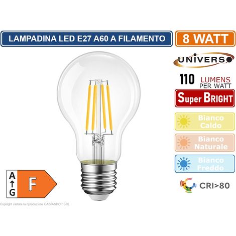UNIVERSO LAMPADINA LED E27 8W BULB A60 FILAMENTO 360° 880 LUMEN 2700K 4000K 6500K - Colore Luce: Bianco Freddo (1/2)