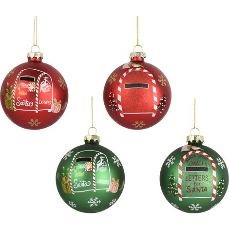 Box 3 palline di Natale in vetro opaco con decorazioni verdi e rosse Ø8 cm (1/3)