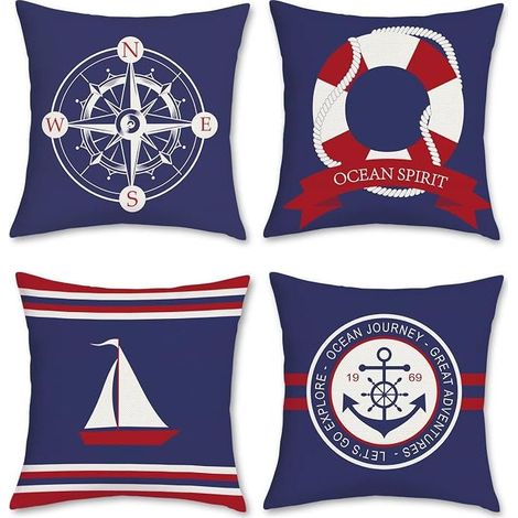 Lot de 4 housses de coussin nautiques, motifs ancre, boussole et voilier, bleu et rouge, 45x45 cm, pour canapé, lits, chaises, voiture, salon. (1/4)