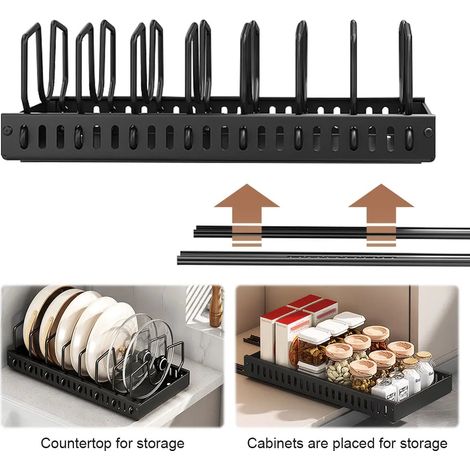 Rangement à casseroles extractible Cloisons réglables Gain de place sous armoire Organisateur de vaisselle pour cuisine