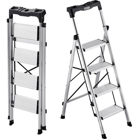 Escabeau Pliant 4 Marches Marchepied Pliable Charge 150 kg Échelle Domestique Alliage d'Aluminium pour Travaux Ménagers, Bricolage, avec Larges Marches Antidérapantes, Plateau à Outils, Argenté (1/5)