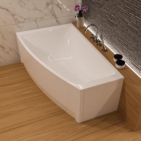ECOLAM Baignoire d'angle Hela 150x90 cm gauche + tablier en acrylique  Vidange automatique  Pieds + silicone  set complet (1/5)
