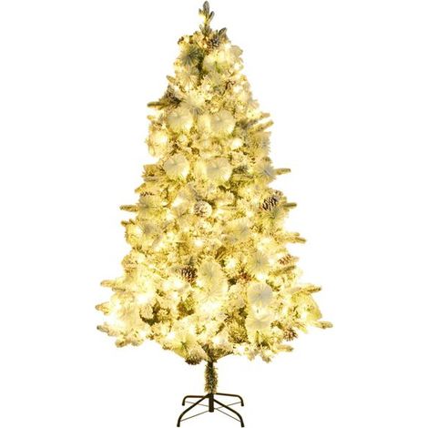 Sapin de Noël pré-éclairé avec neige floquée/cônes 195cm PVC/PE, Décoration de Noël (1/5)