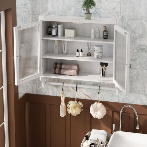 Armoire murale vintage blanc lavé 60 cm, 2 portes vitrées, 3 tablettes de rangement, porte-serviette intégré, idéale pour salle de bain, cuisine ou salle à manger (1/4)