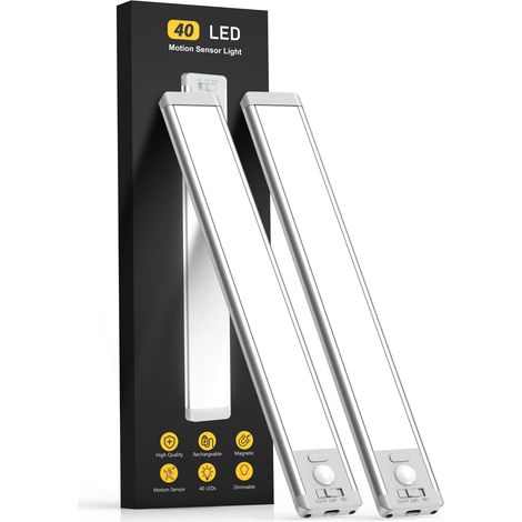 Lampe rechargeable à détecteur de mouvement (lot de 2, 25 cm), 5 niveaux d'intensité et design magnétique pour armoire, éclairage sans fil sous meuble. (1/5)