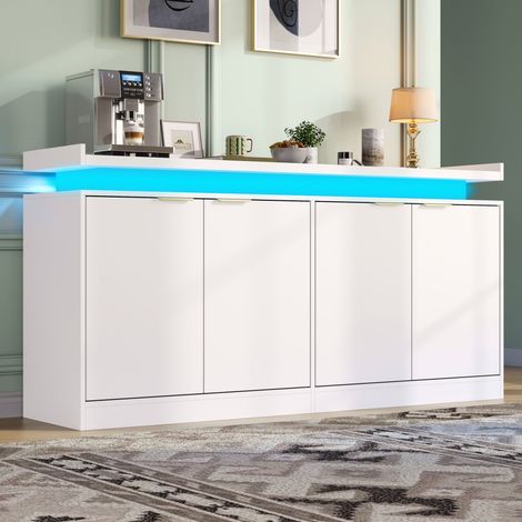 Buffet de cuisine 160x39x83 cm avec LED RGB via application, 4 portes, rangements ouverts et fermés, étagères fixes, poignées dorées Blanc (1/5)