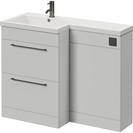 Napoli 460 Gloss Grey Pearl 1100mm 2 Drawer Vanity Unit Toilet Suite with Left Hand Square Lucia Basin - 1100mm - Gunmetal Grey 320mm HandleWithout Kingston Toilet Pan