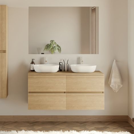 Meuble de salle de bain 120cm avec plateau et 2 vasques à poser arrondies - 4 tiroirs - nebraska (chêne clair) - IDA (1/5)