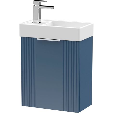Retro Wall Hung 1 Door Cloakroom Vanity Basin Unit - 400mm, Satin Blue (1/4)
